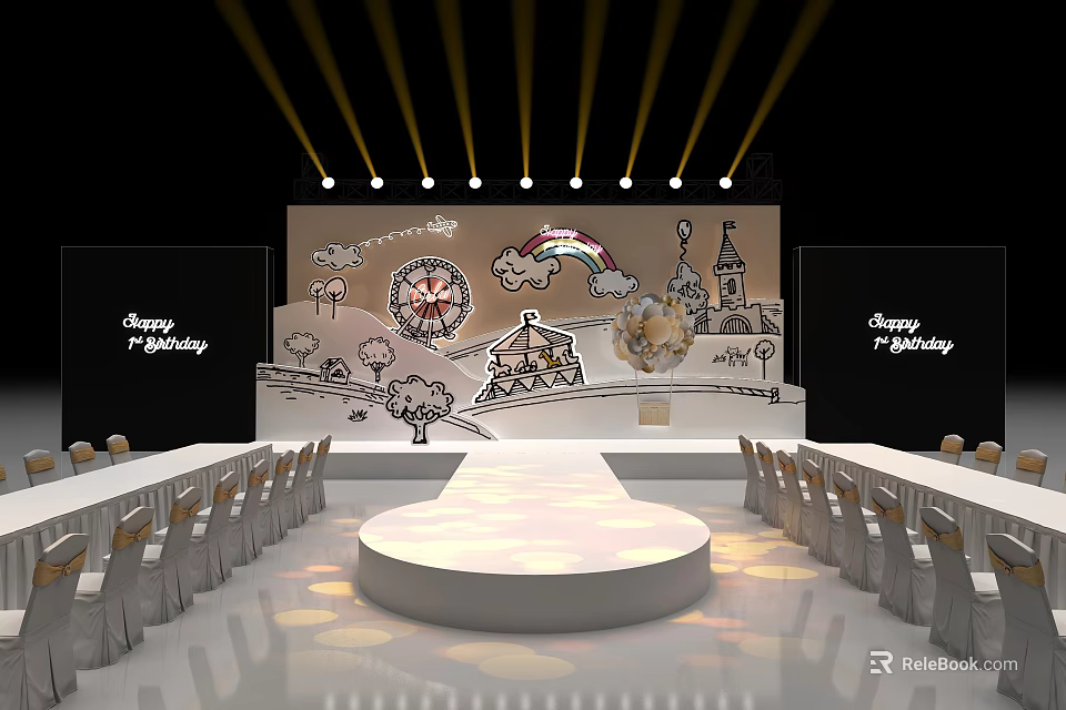 Round Birthday Stage With Hand Drawn Rainbow Ferris Wheel Castle Decorations And Ceiling Lighting 3d model 