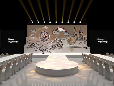Round Birthday Stage With Hand Drawn Rainbow Ferris Wheel Castle Decorations And Ceiling Lighting 3d model