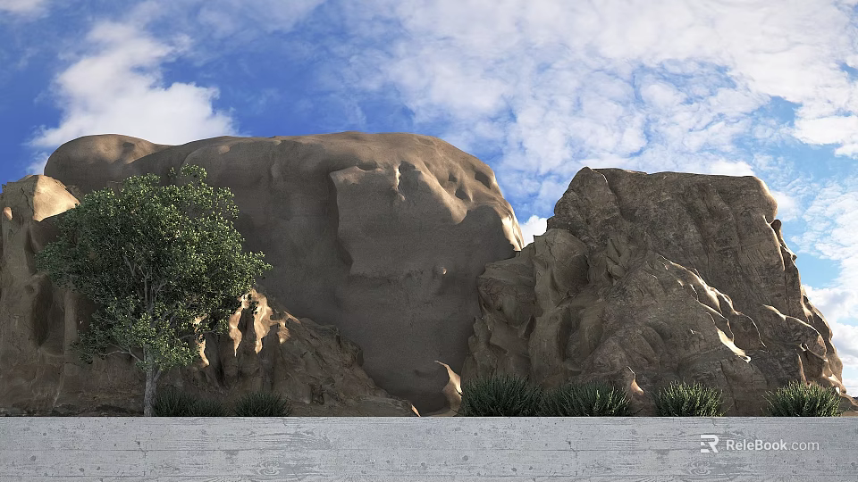 Rustic Stone and Wood Elements in Natural Mountain Setting with Trees and Cloudy Sky 3d model 