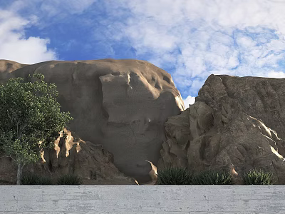 Rustic Stone and Wood Elements in Natural Mountain Setting with Trees and Cloudy Sky 3d model