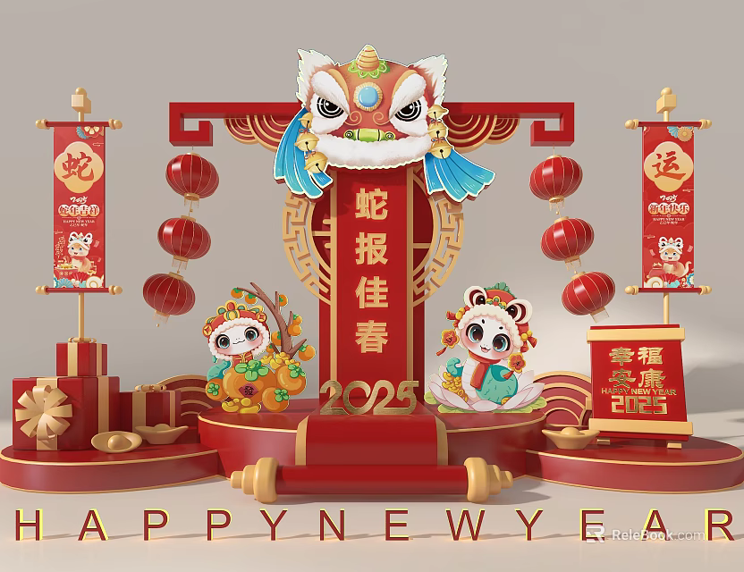 Interactive Area With Lion Dance Head Panda Figures Snake Elements 2025 New Year Decorations 3d model