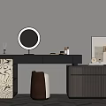 Modern Dressing Table With Round Mirror Textured Panel Stool And Cabinet 3d model