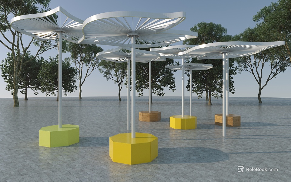 Modern Stylish Pergola Design With Umbrella-like Tops Metal Poles Trees And Colorful Round Seats 3d model 