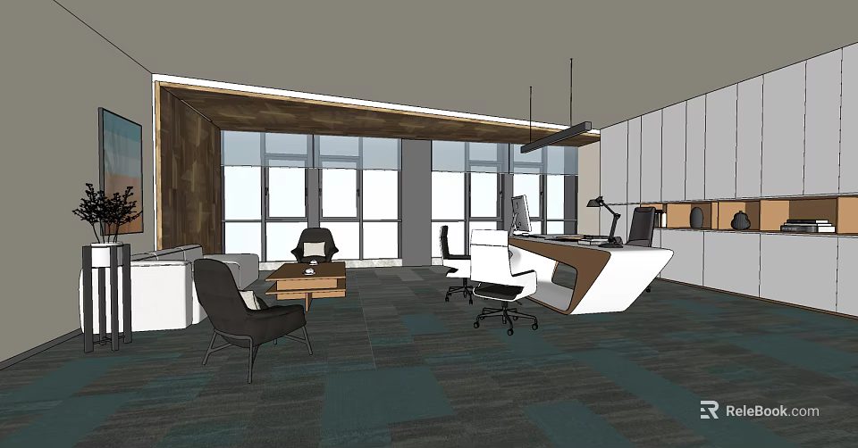Modern Office Interior Design With Large Windows Work Desk Lounge Area And Blue Carpet 3d model 