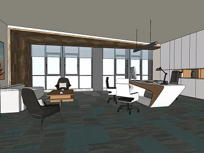 Modern Office Interior Design With Large Windows Work Desk Lounge Area And Blue Carpet 3d model