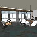 Modern Office Interior Design With Large Windows Work Desk Lounge Area And Blue Carpet