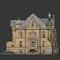 European Style Detached Villa With Steep Roof Tower And Ornate Brick Stone Exterior