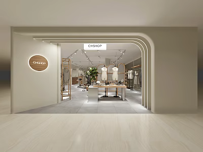 Stylish Modern Clothing Store Interior With Arched Entrance Display Racks And Mannequins 3d model