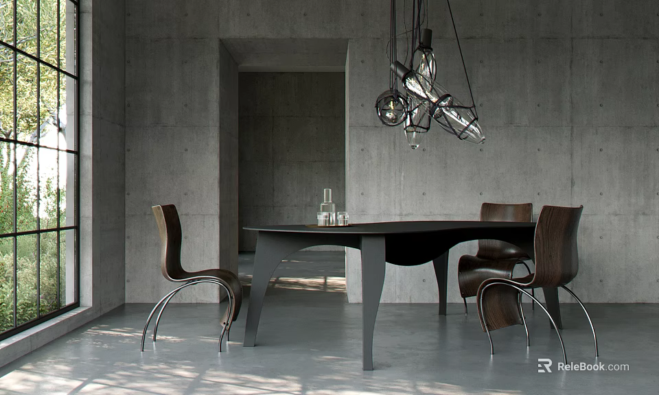 Modern Dining Table With Wooden Chairs Unique Pendant Light And Large Window In Concrete Interior 3d model 