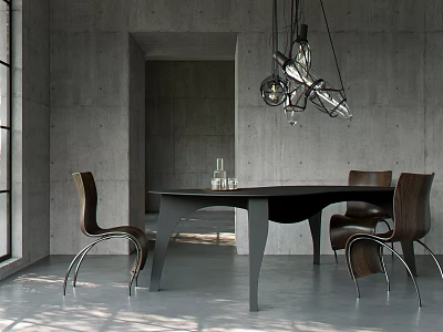 Modern Dining Table With Wooden Chairs Unique Pendant Light And Large Window In Concrete Interior 3d model