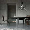 Modern Dining Table With Wooden Chairs Unique Pendant Light And Large Window In Concrete Interior