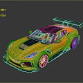 Yellow Sports Car with Black Rear Spoiler Red Interior Black Roof Stripe and Alloy Wheels