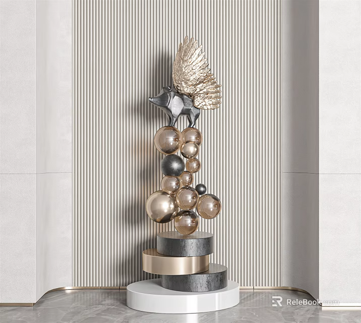 Metal Sculpture with Stacked Gold Silver Spheres and Leaf Shaped Top Decoration in Striped Background 3d model 
