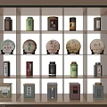 Wooden Display Shelf With Various Tea Cans And Round Tea Cakes Arrangement