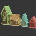 Decorated Gingerbread Houses With Various Roof Designs And Colorful Icing Details