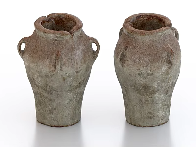 Two Handcrafted Traditional Ceramic Vessels With Brown Gray Textured Surface And Handles 3d model