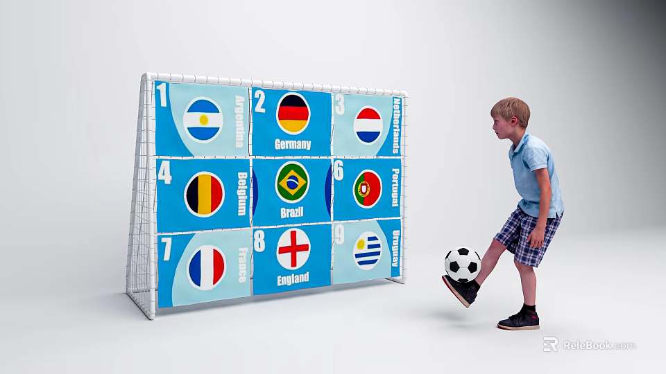 Kids Football Field With National Flag Targets And Boy Kicking Soccer Ball 3d model 