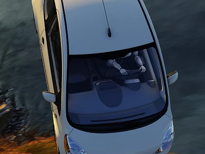 White Car Top View With Driver In Interior And Outdoor Scenery 3d model
