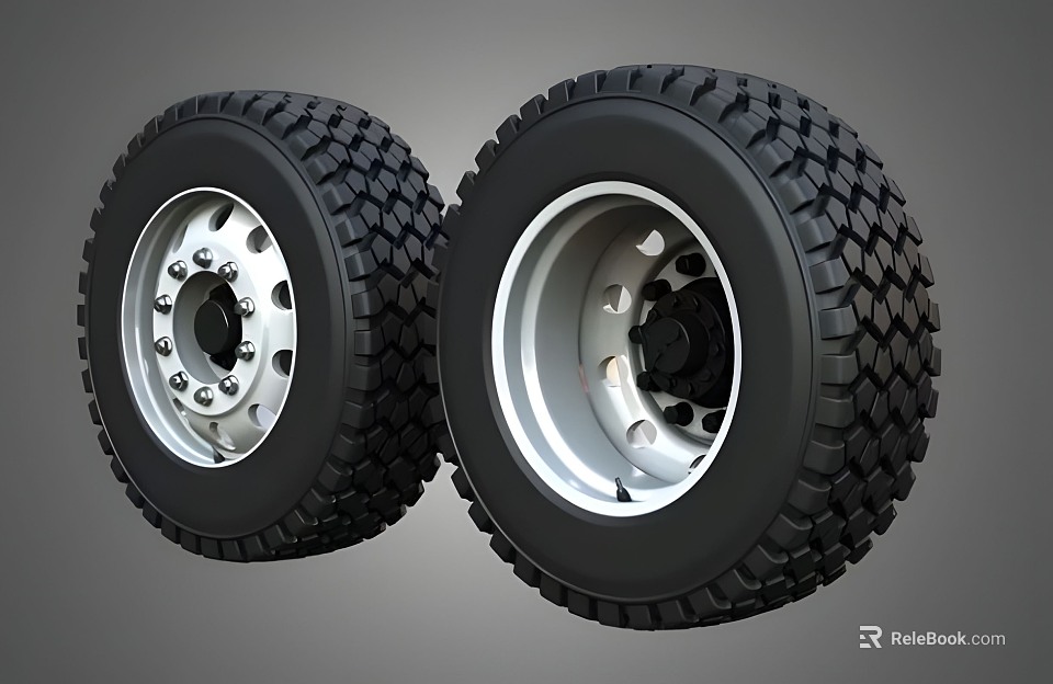 Heavy Duty Truck Tires with Deep Tread Pattern and Silver Rims 3d model 