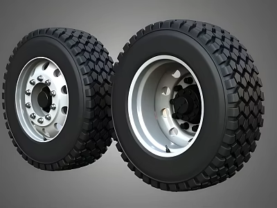 Heavy Duty Truck Tires with Deep Tread Pattern and Silver Rims 3d model