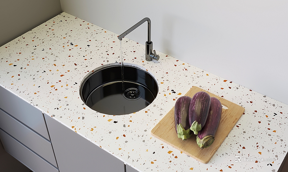 Modern Kitchen Faucet On Terrazzo Countertop With Black Sink And Eggplants On Wooden Cutting Board 3d model 