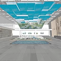 Modern Exhibition Hall Interior With Glass Ceiling Water Pool And Display Models 3d model