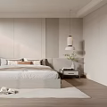 Modern Bedroom Interior With Natural Light Neutral Tones Textured Wall Layered Pillows And Wooden Flooring