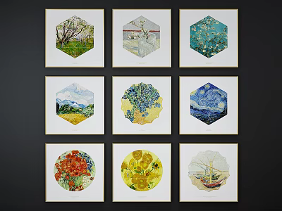 Botanical Paintings in Hexagonal and Circular Frames Featuring Floral Tree and Natural Scenery Art 3d model