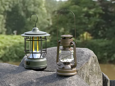 Pair of Hanging Vintage Outdoor Lanterns with Metal Frames on Stone in Natural Greenery 3d model