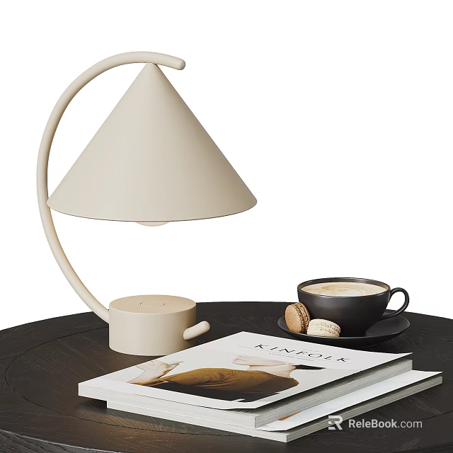 Beige Modern Minimalist Table Lamp with Coffee Cup Macarons and Magazine on Wooden Table 3d model 