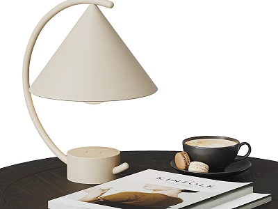 Beige Modern Minimalist Table Lamp with Coffee Cup Macarons and Magazine on Wooden Table 3d model