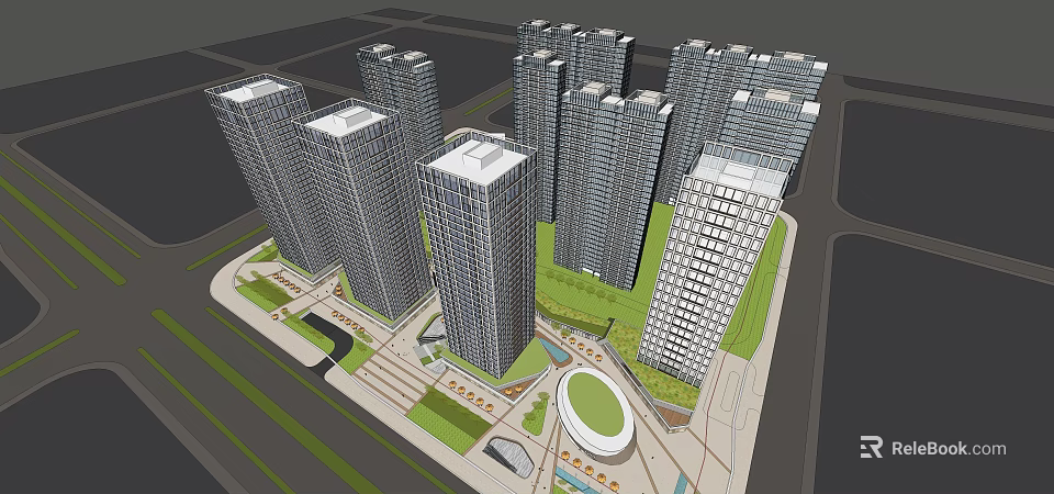 Modern High Rise Office Building Complex With Green Spaces And Open Areas 3d model 