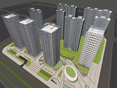 Modern High Rise Office Building Complex With Green Spaces And Open Areas 3d model