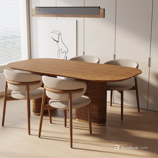 Modern Wooden Dining Table Set With Oval Top Matching Upholstered Chairs And Natural Light 3d model 