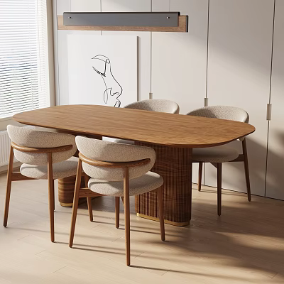 Modern Wooden Dining Table Set With Oval Top Matching Upholstered Chairs And Natural Light 3d model