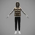 Hooded Mannequin Wearing Brown Puffer Vest Black Pants And White Shoes With Arms Outstretched