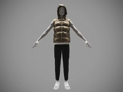 Hooded Mannequin Wearing Brown Puffer Vest Black Pants And White Shoes With Arms Outstretched 3d model