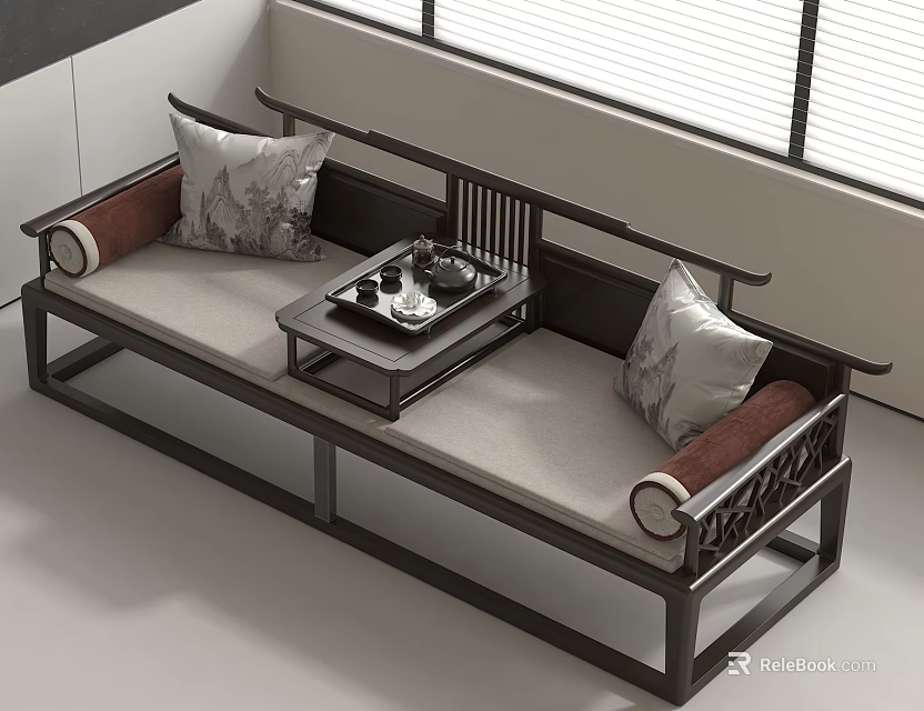 Modern Chinese Luohan Bed With Light Colored Cushions And Wooden Tea Table 3d model 