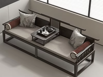 Modern Chinese Luohan Bed With Light Colored Cushions And Wooden Tea Table 3d model
