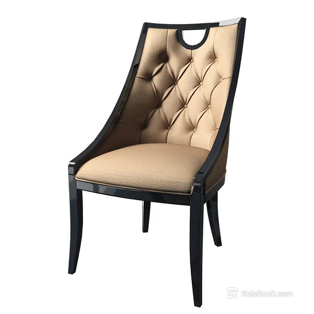 Elegant Dining Chair With Tufted Beige Fabric Seat And Black Wooden Frame Design 3d model 