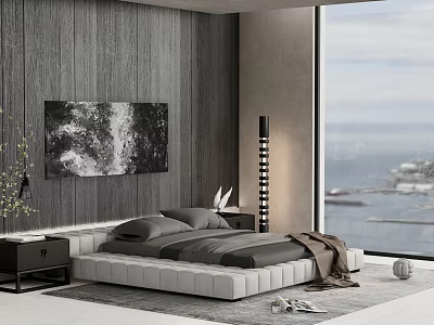 Modern Bedroom Interior With Wooden Wall Large Bed And Floor to Ceiling Window Sea View 3d model