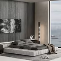 Modern Bedroom Interior With Wooden Wall Large Bed And Floor to Ceiling Window Sea View