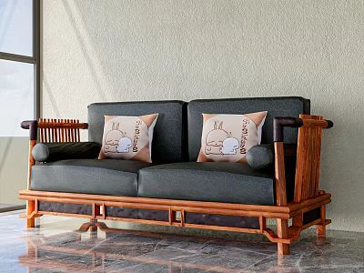 Indoor Dark Colored Multi Seater Sofa With Wooden Frame And Rabbit Patterned Cushions 3d model