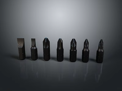 Black Screwdriver Bits Set with Assorted Shapes Neatly Arranged on Grey Background 3d model