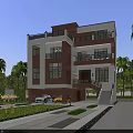 Modern Style Detached Villa With Palm Trees Lawn Large Windows Garage Driveway And White Car
