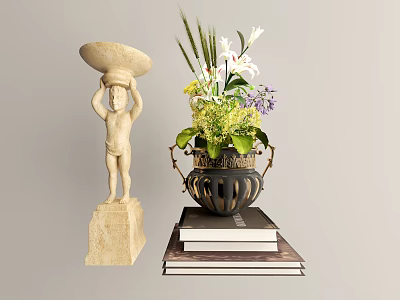 Elegant Ornamental Decor Set with Stone Angel Figurine Metallic Vase Lily Flowers and Stacked Books 3d model