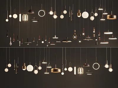 Various Modern Chandelier Designs Hanging On Black Background With Metal Shapes 3d model