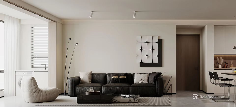 Contemporary Living Dining Area Interior With Black Leather Sofa White Walls And Geometric Wall Art 3d model 