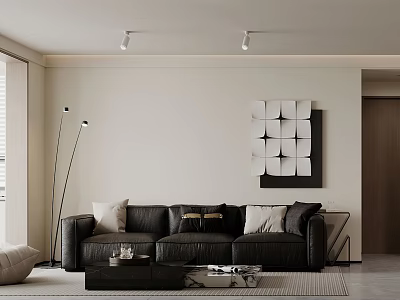 Contemporary Living Dining Area Interior With Black Leather Sofa White Walls And Geometric Wall Art 3d model