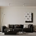 Contemporary Living Dining Area Interior With Black Leather Sofa White Walls And Geometric Wall Art